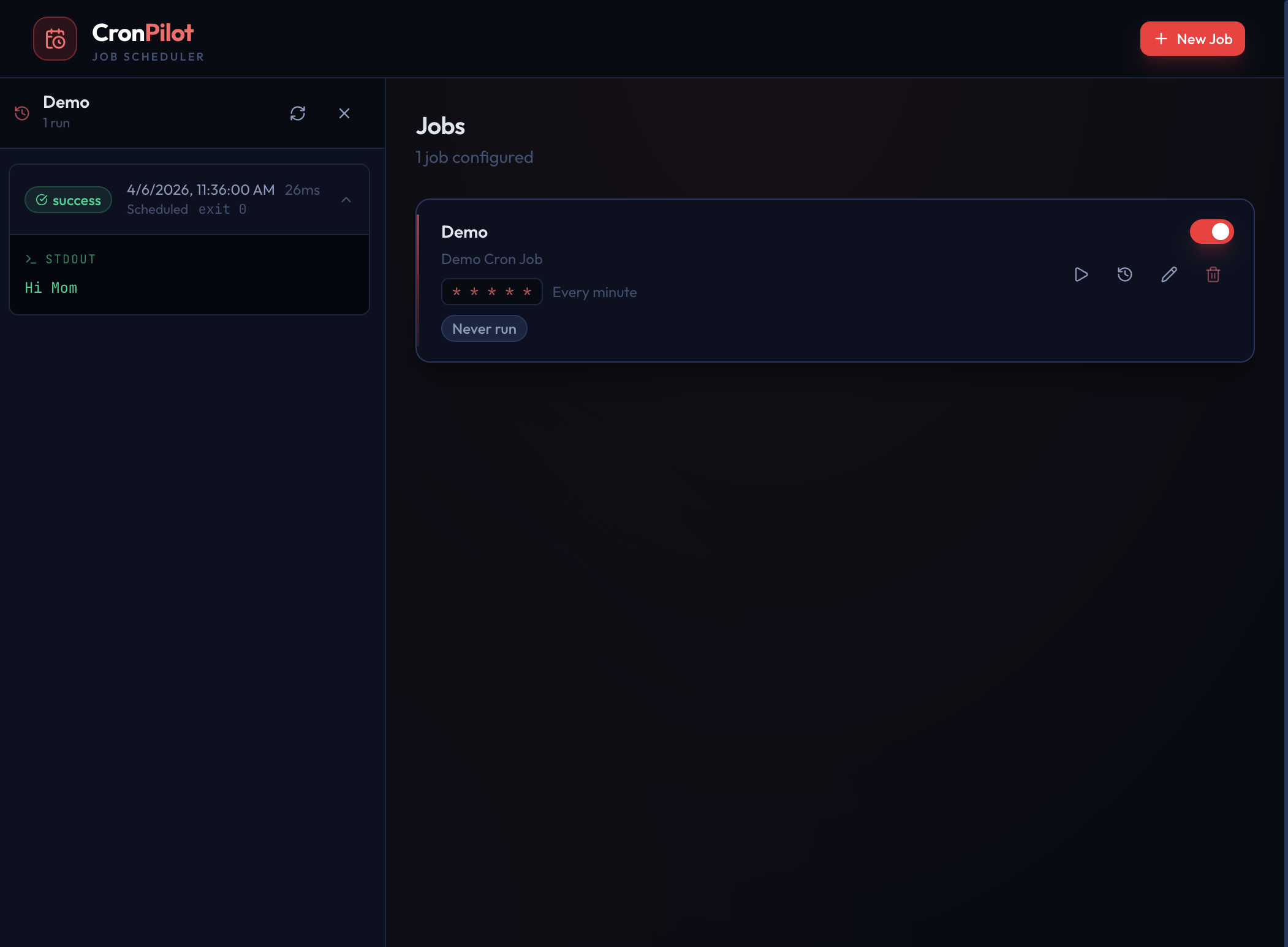 Job overview - list of configured cron jobs with run history